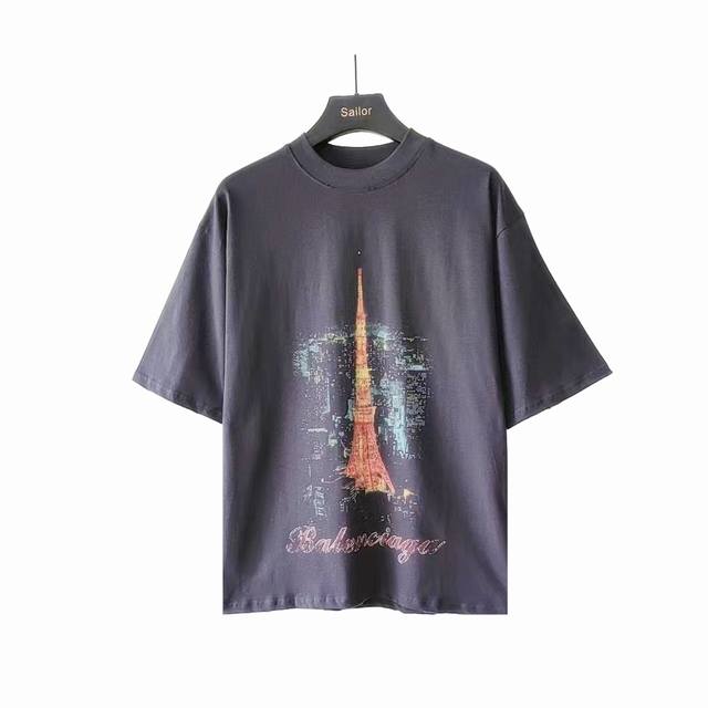 180 实拍细节图+尺码表 巴黎世家Balenciaga 东京铁塔银座限定短袖 进口椭圆机处理 在网点印花还得椭圆机高级 东京铁塔采用数码直喷工艺+网点工艺 细