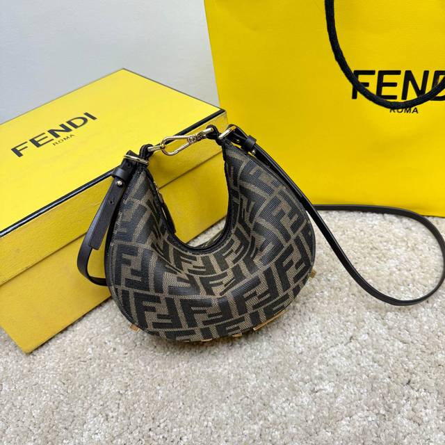 720 Mini Crescent Bag, made of brown Ff jacquard fabric with vintage gold-tone F