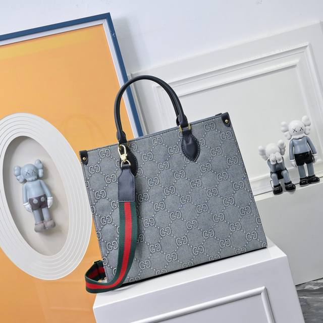 310 Gucci New Original Denim Monogram Tote Bag Denim and leather patchwork desig