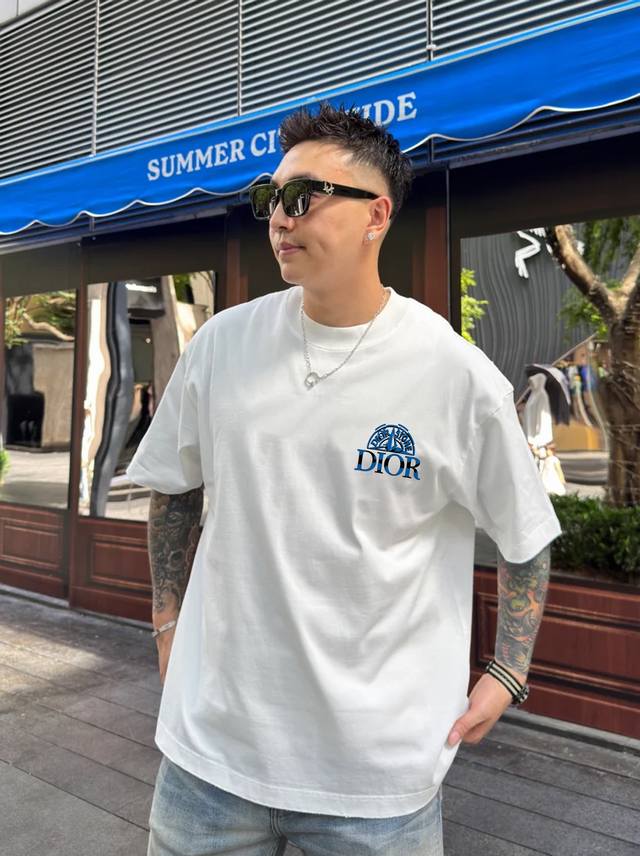 210 .Dior迪奥新款潮牌T恤.男女同款胸前及背后印有“peace Stone”字样和蓝色圆形徽标，前后呼应.融合品牌标志与和平符号，传递满满和平理念。高品
