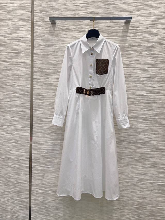 98095#特价110Louis Vuitto**2026上架翻领腰带衬衣长裙 定制Yb斜纹全棉材质，质感细腻，垂顺有型，翻领腰带衬衣长裙剪裁，黑白两色自带高级