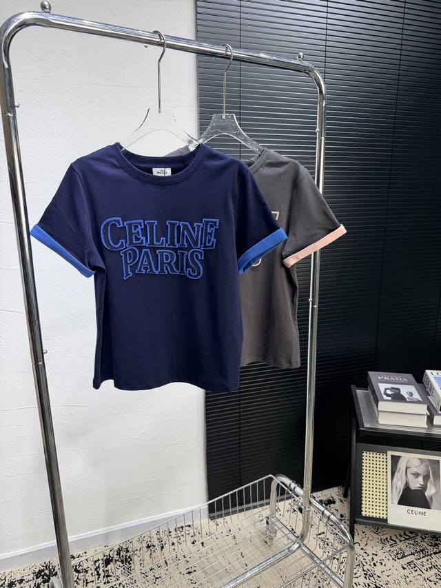 12189#110 Celine2026Ss春夏新款 袖口翻边拼色双色阴影感双层贴布绣 设计感满分 配色也无敌好看 灰粉 蓝色 爆款现货推荐 Sml