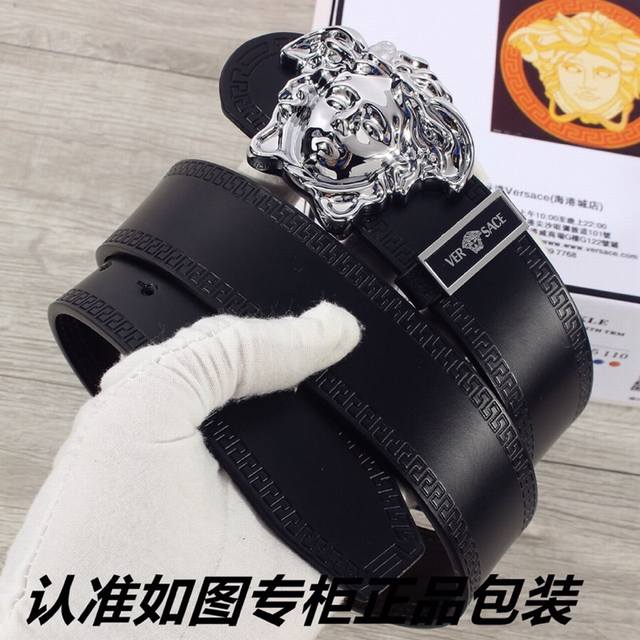 品名：范思哲.Ver Sace双面用p200 型号：认准如图专柜包装，赠送打孔器 材料：百分百头层牛皮，保证真皮。美人头钢扣，双面可用，长城纹带身，一面黑色一面