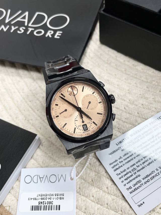 p1040 Movado Bold series six-hand chronograph, featuring a black steel champagne