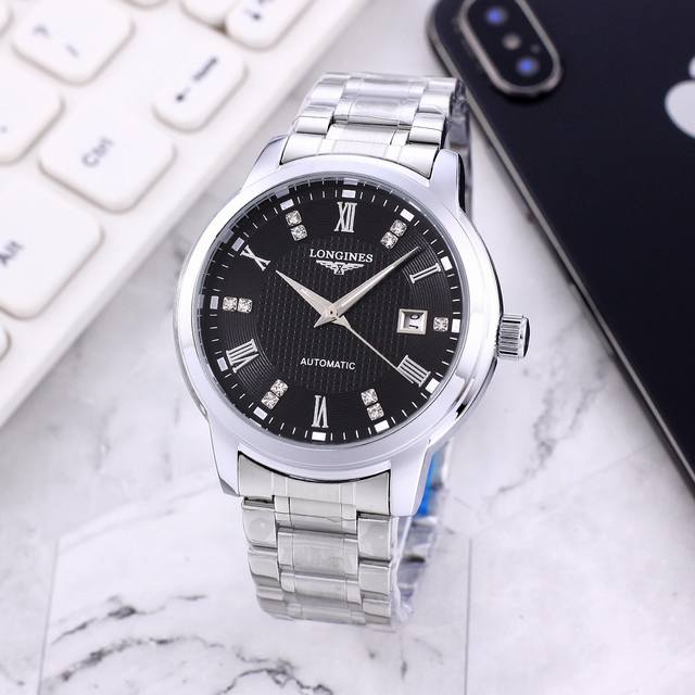 精钢表带十蝴蝶扣 白：p160，间金、全黑同价：p170，新款Longines -浪琴，简约时尚，商务休闲百搭腕表！全自动机械机芯，日历窗口显示，真空电镀，超强