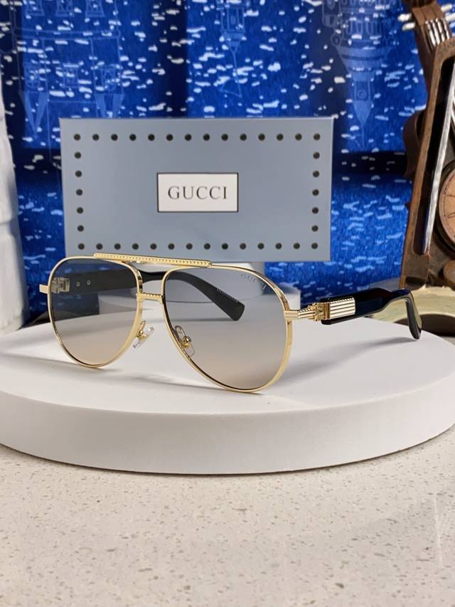 p100 Gucci古奇 2026新款潮款太阳镜防紫外线墨镜男女复古时尚飞行员蛤蟆镜 高端上档次