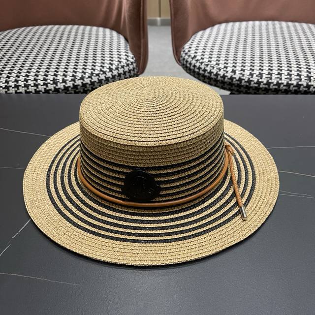 p80 Moncler French-style flat-top straw hat for women, summer sun hat, beach vac