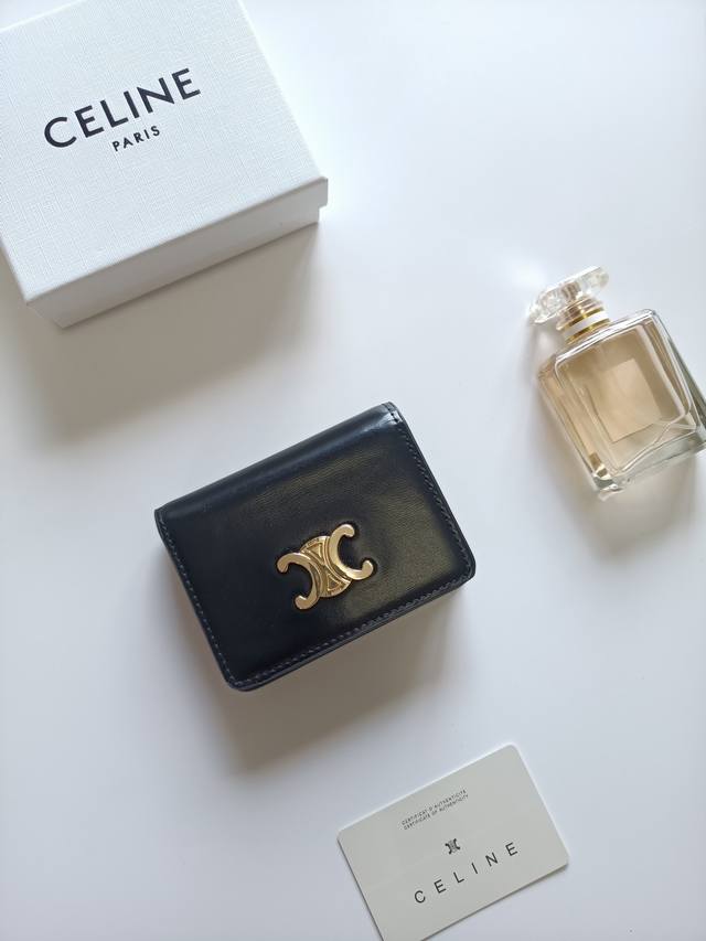 p120 Celine classic card holder, Triomphe name card holder, calfskin exterior wi