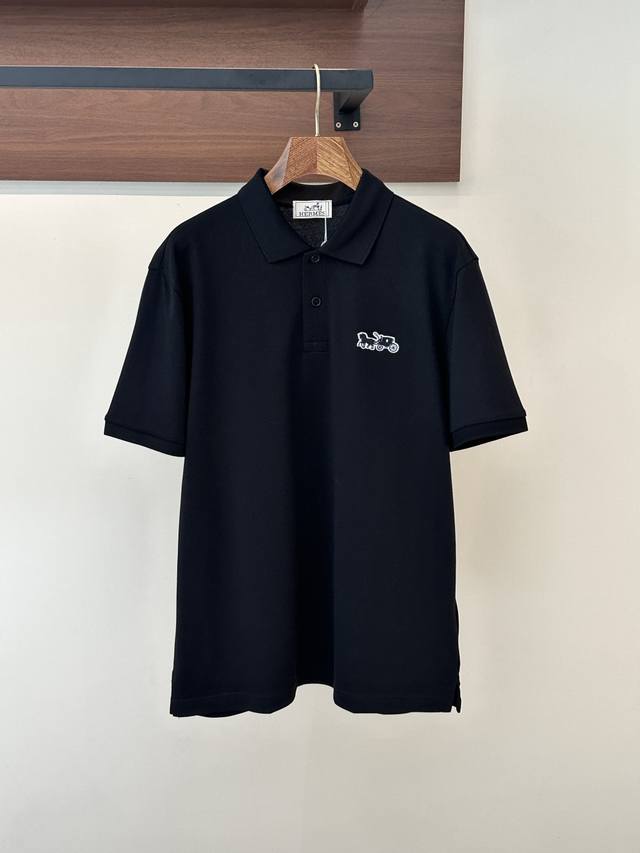 p300 Hermes Black Polo Short-Sleeve T-Shirt with Lapel Material: Liquid ammonia