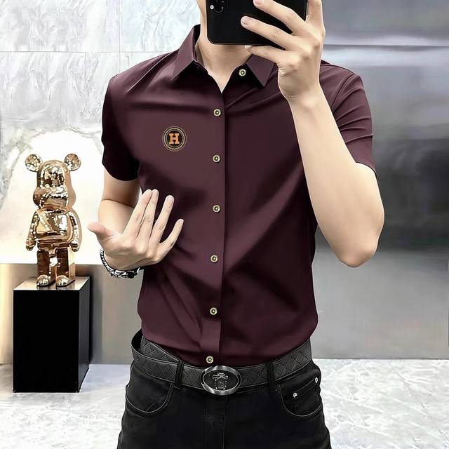 p200 Hermes 2026 Spring/Summer Men's Fashion Casual Short-Sleeve Shirt, sourced
