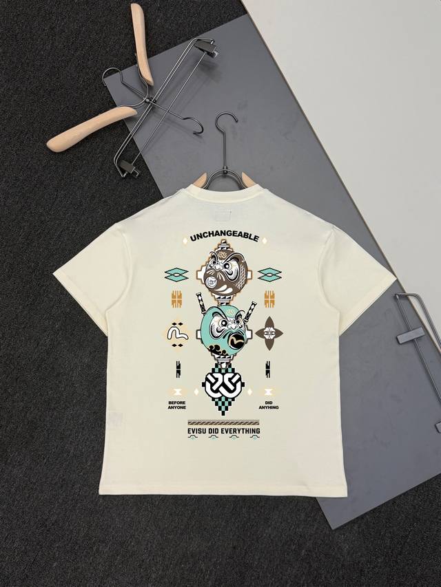 p120 注→ 区别市场垃圾货 广州高版本对版对色 Evisu 重磅300克棉福神2026年春夏新款元素达摩印花短袖T恤 码数S-Xxl 颜色：黑 白 杏 灰