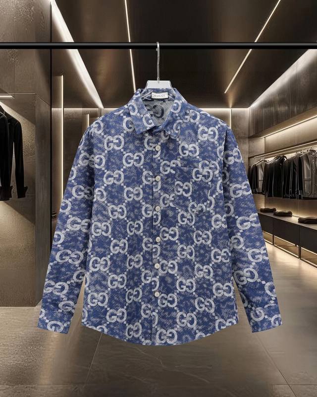 230 Gucci's popular classic double-G all-over print denim shirt, a new 2025 Spri