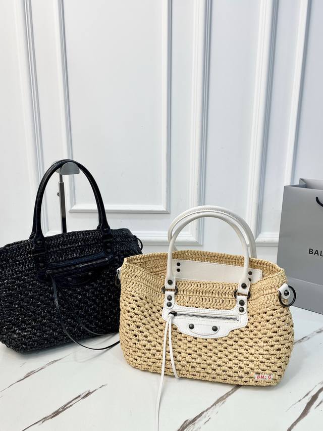 400 Balenciaga Le City Moto Straw Motorcycle Bag. Hand-woven with crackled leath