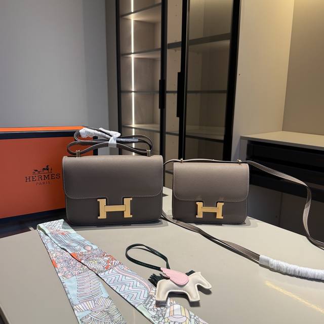 310-330 Cowhide Series Deep Elephant Grey Gold Buckle Top Quality Hermes Constan