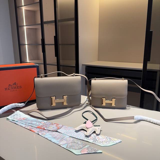 310-330 Cowhide Series Light Elephant Grey Gold Buckle Top Quality Hermes Consta