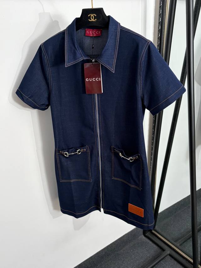 p210 Style No. 20264504 Gucc* New Metal Buckle Zipper Collar Short Sleeve Denim