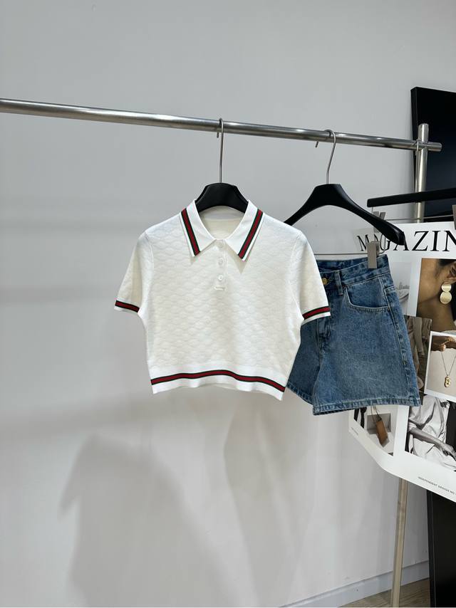 p320 Gg White Jacquard Letter Polo Knit Short Sleeve Ddd, Fabric: Cotton + Visco