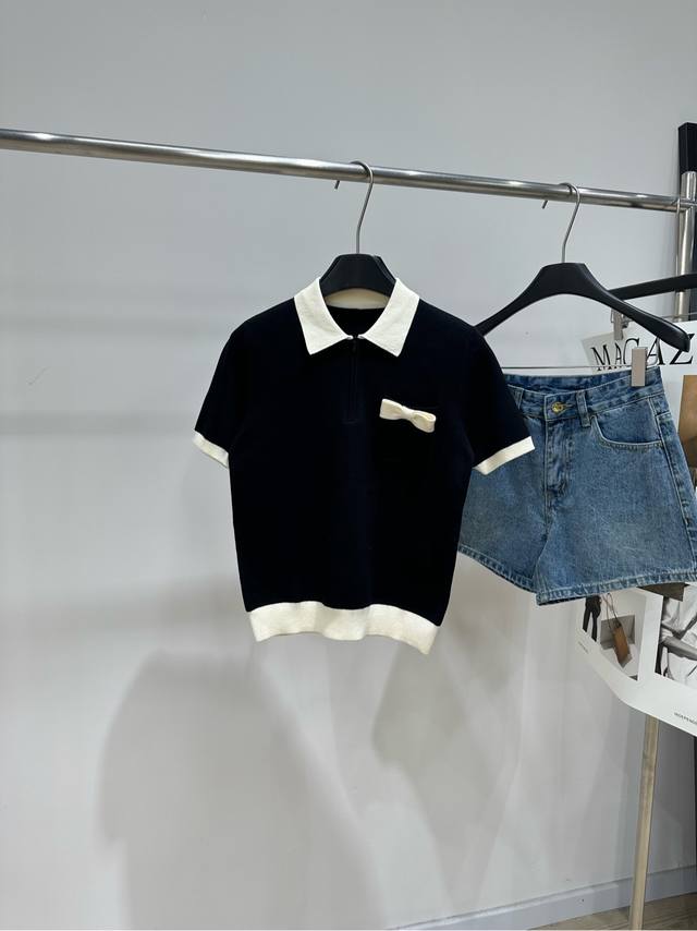 p280 Vt Black and White Bow Half-Zip Polo Knit Short-Sleeve T-Shirt. Fabric: Cot