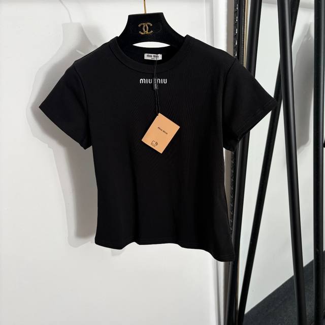 p130 Style No. 20264323 Miumi* New Logo Embroidered Letter Slim Fit Short Sleeve