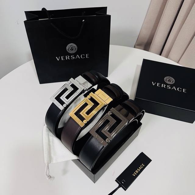200 A new Versace design, this double-sided calfskin belt features two different 200 A new Versace design, this double-sided calfskin belt features two different
