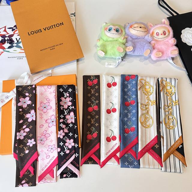 70 LV 100% Silk 18 momme Heavyweight Twilly Long Scarf Headband with Cherry Blos