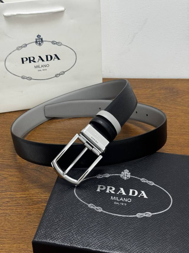 180--prada 3.5Cm Color: Black/Grey A simple and elegant cowhide leather belt Exq 180--prada 3.5Cm Color: Black/Grey A simple and elegant cowhide leather belt Exq