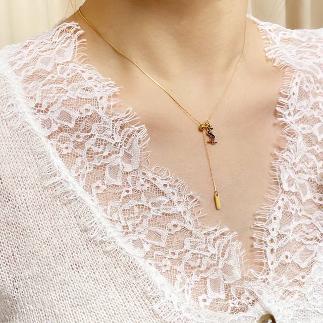 p70 New YSL Saint Laurent Letter Adjustable Thin Necklace, Original 14K Stainles