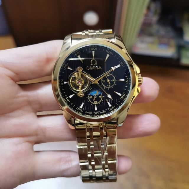 Steel: P200, Leather: P180, Omega 9-pin automatic mechanical watch with sun, moo