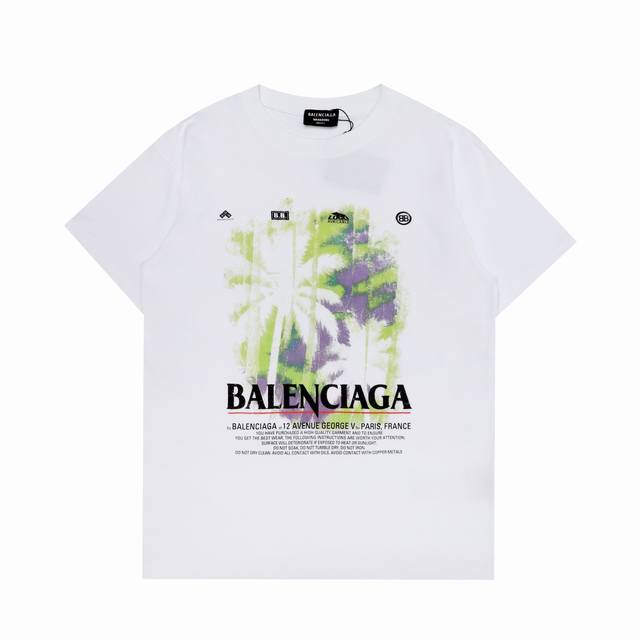110 顶级版本 品名: Balenciaga巴黎世家 新品丛林椰树印花男女款休闲短袖T恤尺码：Xs-L版型: 宽松版型颜色：白色面料: 定制290克双纱高密度