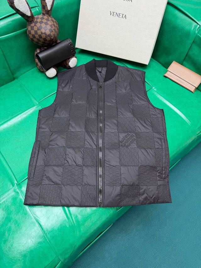 p420 Louis Vuitton Ss24 Checkered Baseball Collar Zip-Up Vest Men's Black Sizes