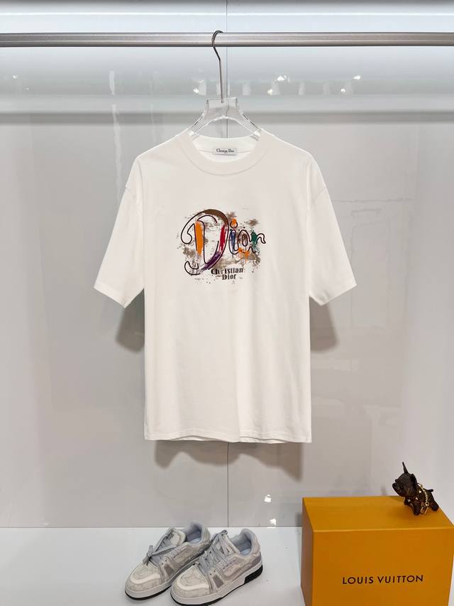 100 Dior 300g Crew Neck Short Sleeve T-Shirt, Brand Classic Color Block Painting