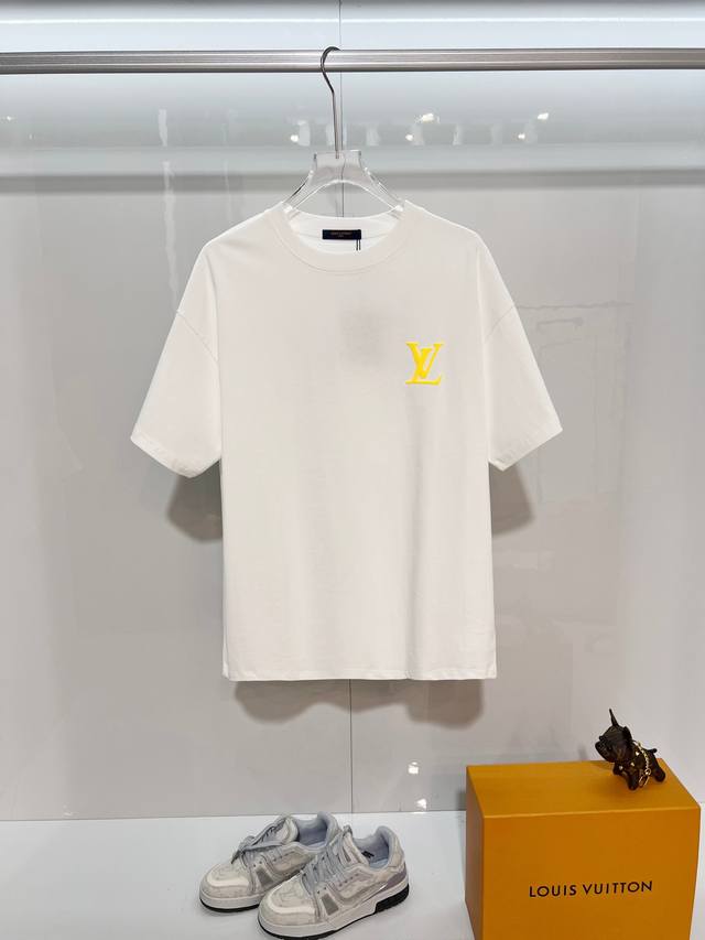 110 Louis Vuitton 300g Crew Neck Short Sleeve T-Shirt, Classic Brand 1V, 3D Gold