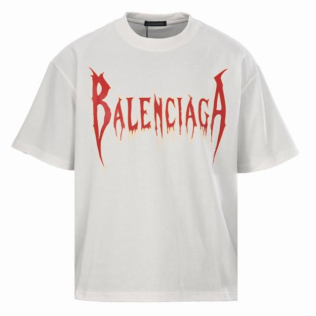 本地自取160Balenciaga巴黎世家Blcg 火焰字母印花短袖T恤280克紧密平纹双纱大白面料 配套1*1罗纹 胸前图案采用进口康丽直喷 字母清晰 面料都