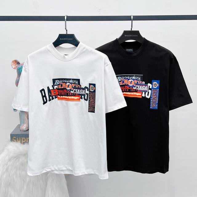 p100 顶级版本 大货挂拍图#巴黎26Ss基础Logo刺绣保险杠贴纸印花短袖# Balenci*Ga巴黎# 面料采用260G巴黎专用双纱*高克重1比1双纱罗纹