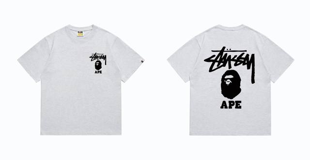 Sc202#p60 顶级版本 Bape×Stussy 联名斯图西字母猿人印花T恤采用260克优质高织纯棉面料 双纱精梳 质感柔软不起球 进口环保印花胶浆 图案鲜
