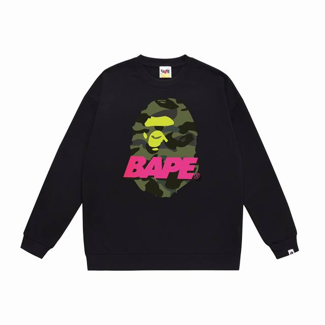 款号Sc324#毛圈p90加绒90 顶级版本 Bape迷彩猿人头图案撞色字母印花圆领卫衣 采用350克大毛圈 落肩大版型 面料 质感柔软不起球 进口环保印花胶浆