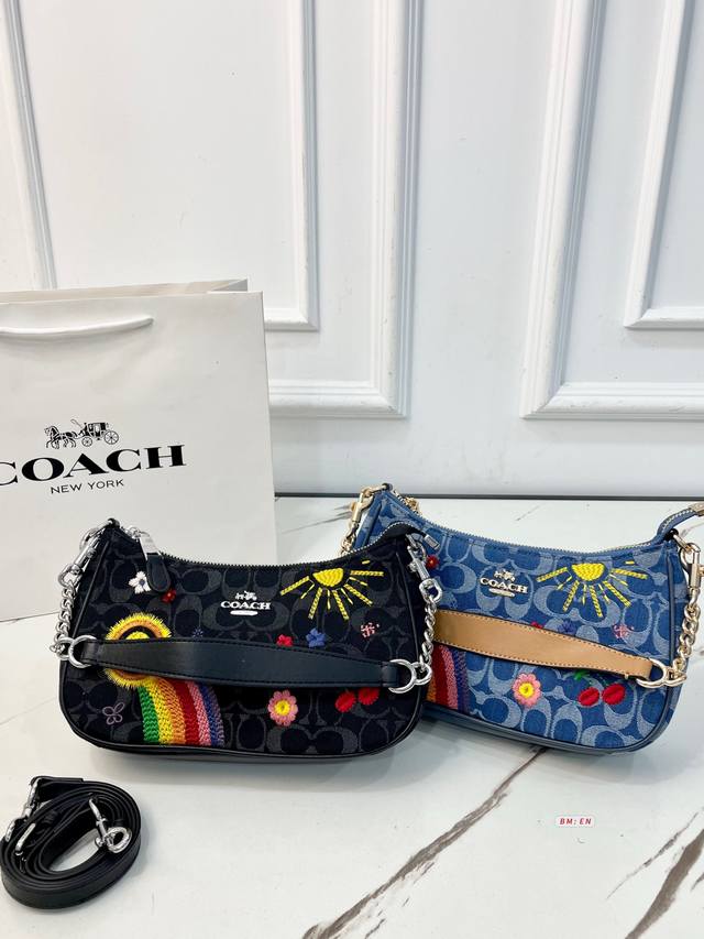 230 Coach Teri Denim Embroidered Shoulder Bag (with box). Features denim fabric