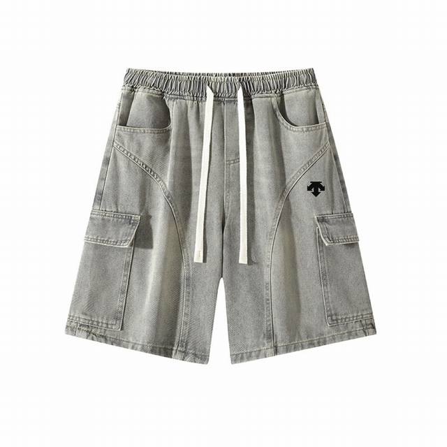 p210 Descente Summer Collection: Patchwork Straight Leg Denim Shorts (5/8" lengt