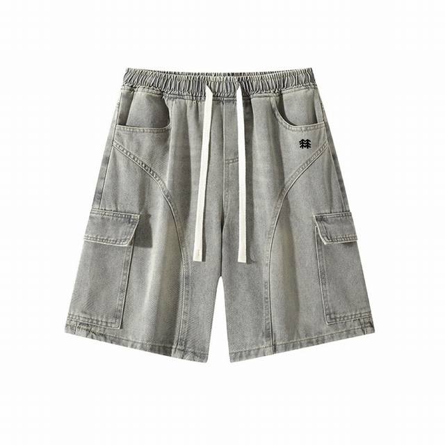 p210 Kolon Summer Collection: Patchwork Straight Leg Denim Shorts (5/8" length).