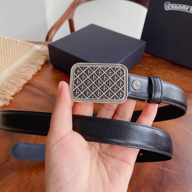 230 -- Chrome Hearts Belt. Features rectangular diamond-patterned brass hardware