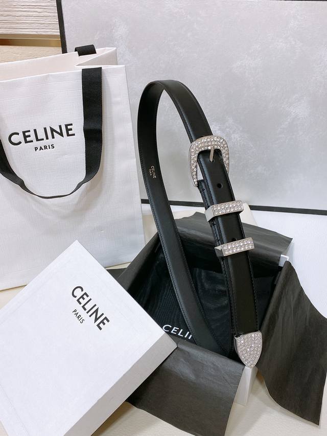 230- Celine 顶级版本 黄铜赛琳针扣水钻 满钻腰带 Marco中号复古牛皮革水钻腰带 2.5Cm 最新款