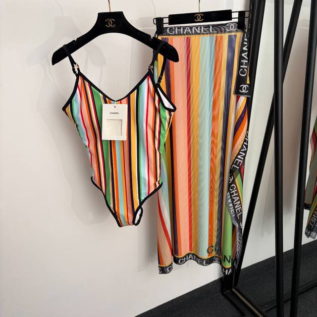 p200 Style No. 20265061 Chanel* New Set: Colorful Striped Padded One-Piece Swims