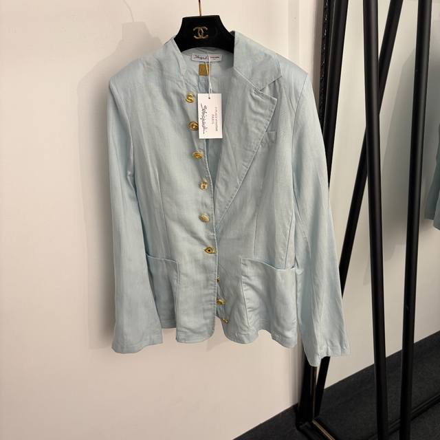 p300 Style No. 20264795 Schiaparelli* New Irregular Metal Button Lapel Linen Lon