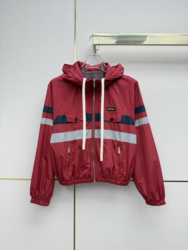 Miumi* 26Ss New Hooded Sunscreen Windbreaker Jacket with Color Block Design, Sma
