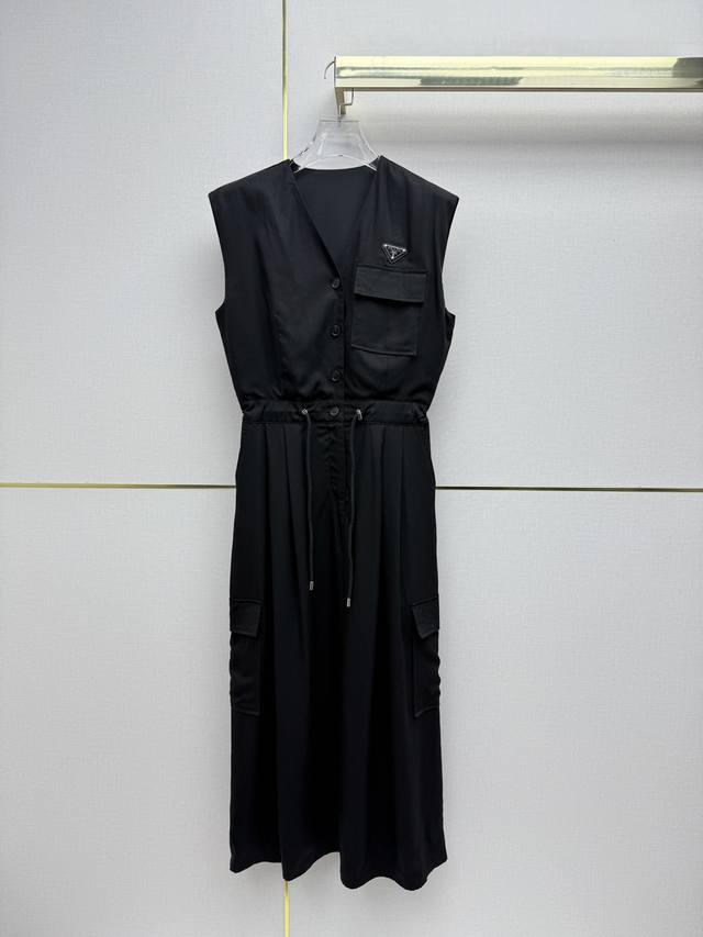 prad* 26Ss New Workwear Style V-Neck Dress with Classic Triangle Logo Decoration