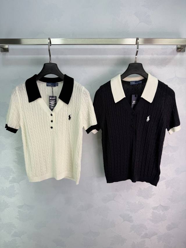 p200 拉夫*26春夏新款撞色针织短袖，经典polo领+黑白撞色设计，简约又复古。麻花纹理针织面料，柔软透气，夏天穿超舒服。胸口小马刺绣，品牌辨识度满分！修身