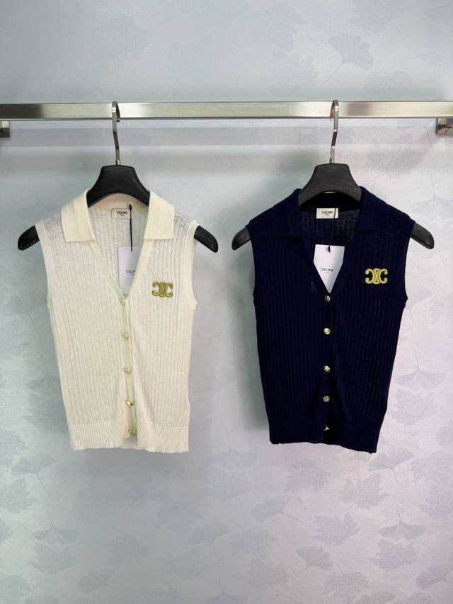 p220 Ce*26 Spring/Summer New Polo Collar Knitted Vest. Featuring a vertical ribb