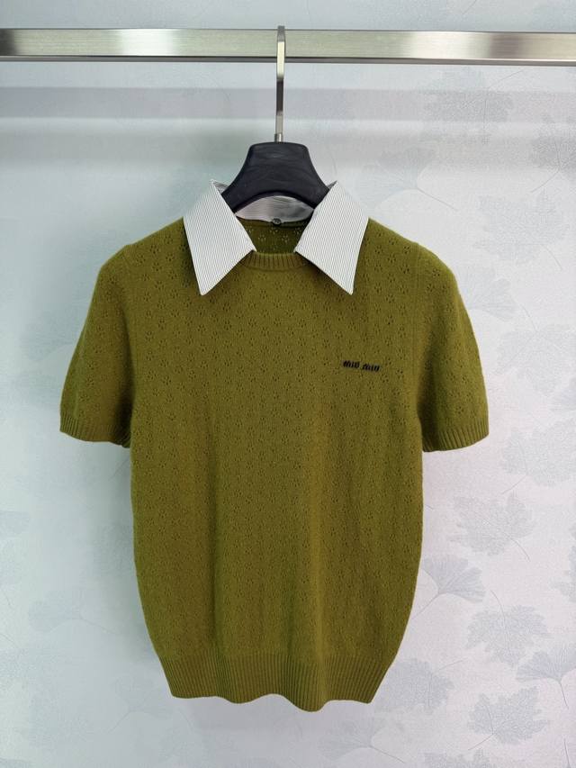p310 Miu*26 Spring/Summer New Olive Green Hollow-Out Knit Short-Sleeve Top with