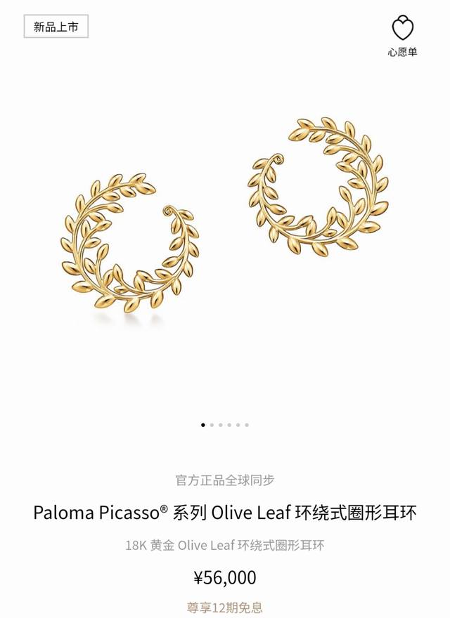 p60 Tiffany蒂芙尼耳钉环绕形式圈形耳钉橄榄叶子 ，橄榄叶也被誉为和平、智慧、胜利、希望的象征耳钉