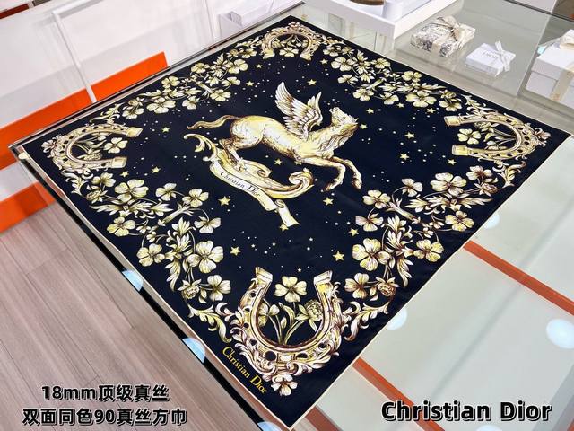 p200 Dior 90 Reversible 18mm Silk Printed Square Scarf This scarf features the D